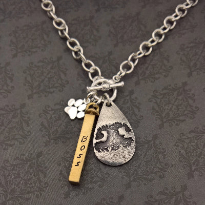 Teardrop with Paw Print or Nose Print, Bar and Paw Print Charm Necklace