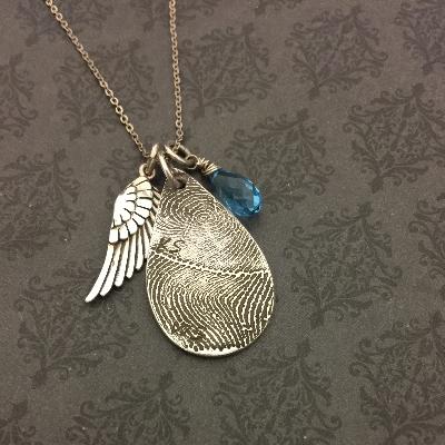 Teardrop Fingerprint Necklace with Wing Charm and Birthstone